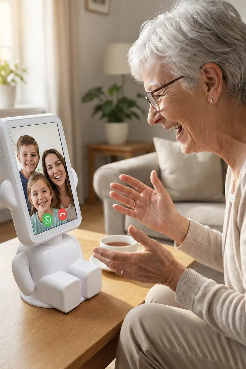 Older woman on a video call with her daughter through the Buddy AI assistant