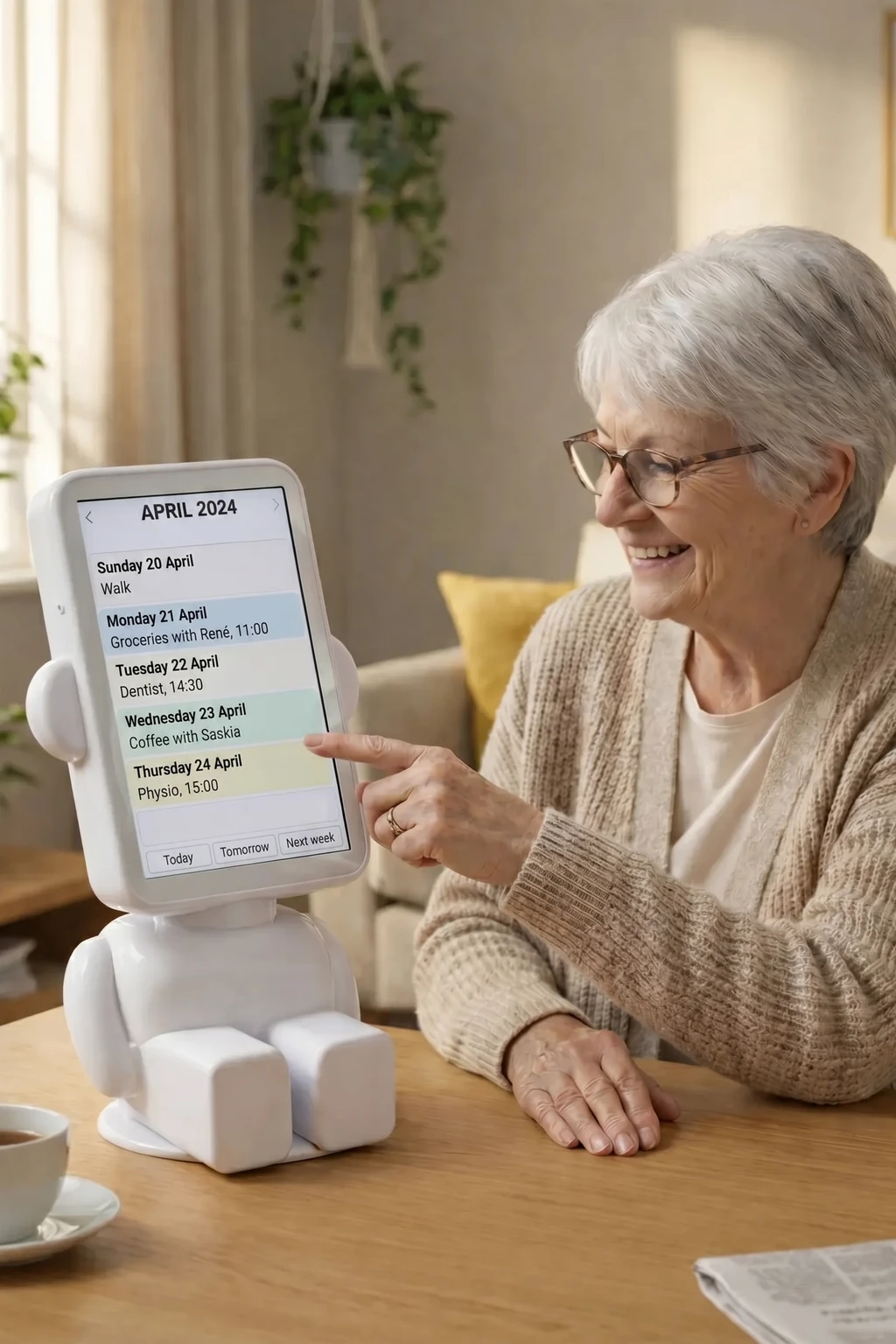 Older man reviews his daily schedule with the Buddy AI assistant over breakfast